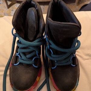 Fantastic John Fluevog Black Boots with Rainbow Soles